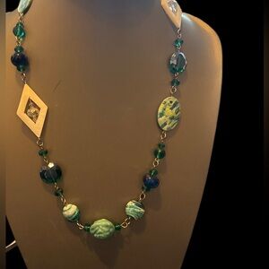 Vintage Green and Blue Beaded Necklace 36”